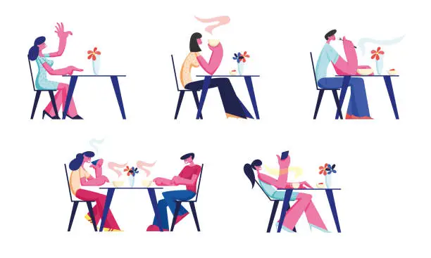 Vector illustration of People Relaxing in Restaurant or Cafe Set. Characters Sitting at Tables Drinking Coffee, Eating Meal Use Gadgets. Customer Characters Spend Time in Recreational Place. Cartoon Flat Vector Illustration