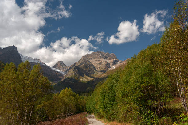 istock Mountain landscape with a blue sky with clouds surrounded by green trees 1180822812