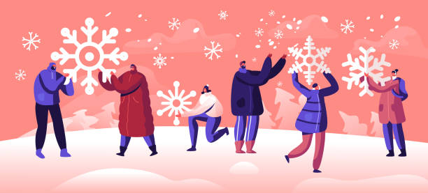 istock People Enjoying Snowfall. Winter Holidays Festive Season Concept. Happy Characters Holding Huge Snowflakes in Hands Engaged Wintertime Activities and Family Spare Time Cartoon Flat Vector Illustration 1180822873