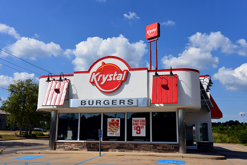 Brookhaven, MS, USA - Sep 25, 2019:  Krystal is fast food restaurant founded in 1932 that features small, square hamburgers called sliders. It was founded in Chattanooga, TN but now is headquartered in Atlanta, GA and operates in the in the Southeastern US.