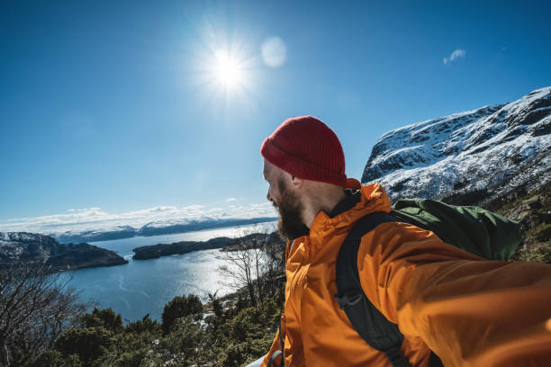 istock Man outdoor adventures: selfie in Norway 1180824184