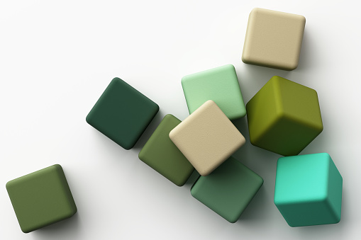 Conjunto de colorida caja cuadrada realista verde con textura de tela sobre fondo blanco. Renderizado 3D photo