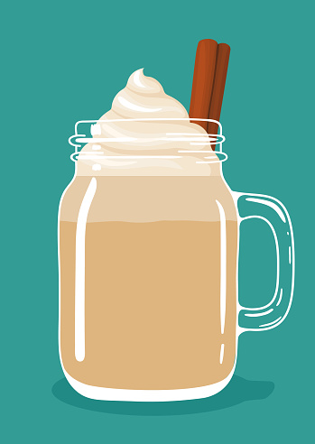 Eggnog with cinnamon stick and whipped cream in glass mason jar. Vector hand drawn illustration.