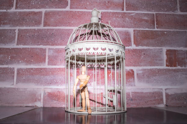 istock Wooden Human Manikin locked inside a white ornamental bird cage 1180827281