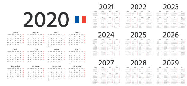 illustrazioni stock, clip art, cartoni animati e icone di tendenza di calendario francese 2020, 2021, 2022. illustrazione vettoriale. pianificatore dell'anno modello. - 2020 2029
