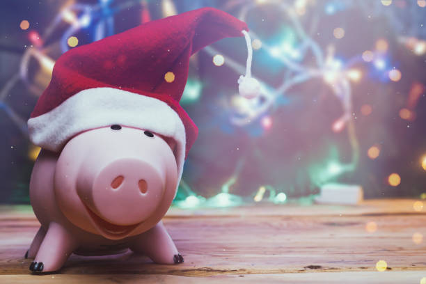 Piggybank with Santa Claus cap against decorated xmas tree. Christmas shopping. Saving money for Christmas. Pre-christmas spending concept Piggybank with Santa Claus cap against decorated Xmas tree. Christmas shopping. Saving money for Christmas. Pre-Christmas spending concept. Festive season. Copy space. over spend stock pictures, royalty-free photos & images