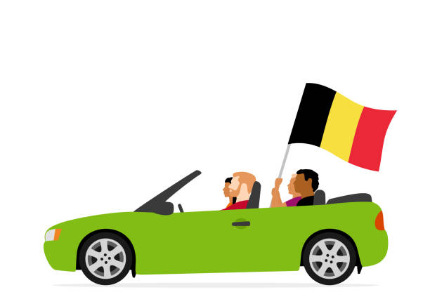 illustrazioni stock, clip art, cartoni animati e icone di tendenza di persone in auto con bandiera belgio - bandiera del belgio