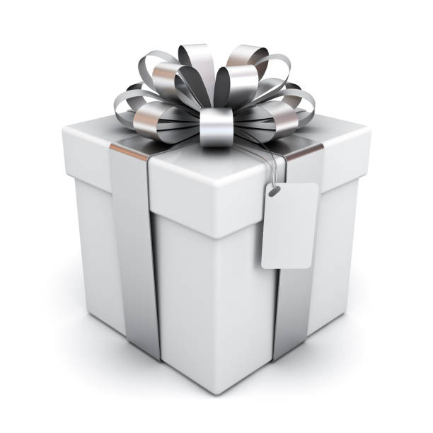 istock Present box or gift box with silver ribbon bow and blank tag isolated on white background with shadow 1180836494