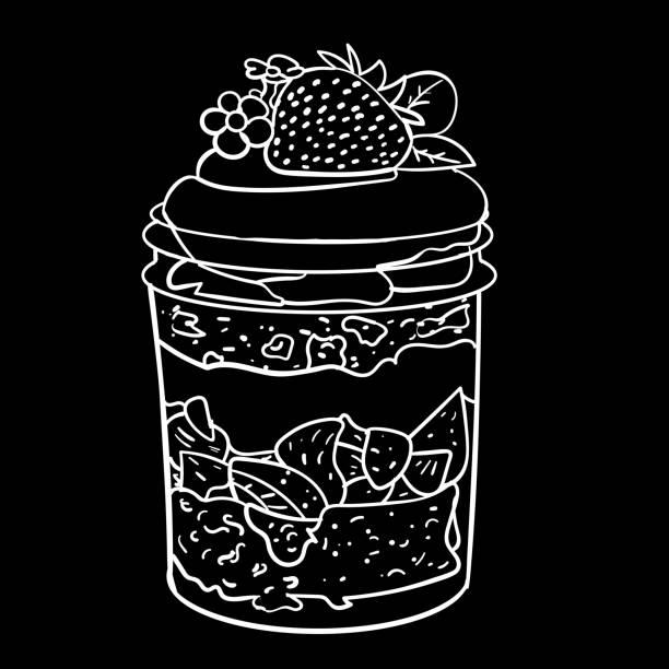Dessert with strawberries in a jar of cream sketch on a black background Dessert with strawberries in a jar of cream sketch on a black background vector illustration for design and decoration cake jar stock illustrations