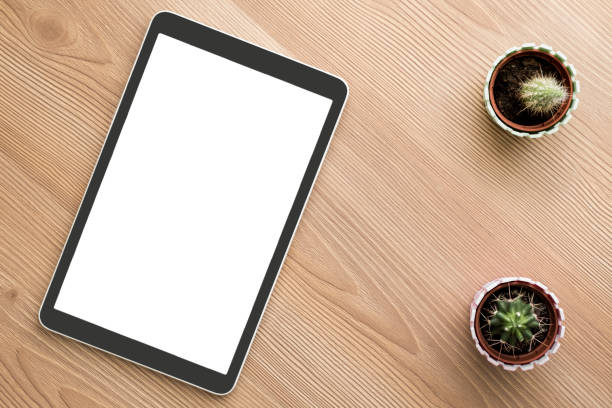 istock Digital Tablet with Cactus Plant on Table, top view 1180837753