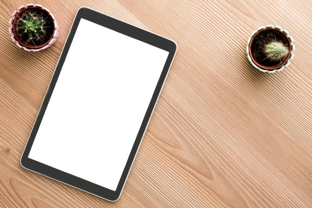 istock Digital Tablet with Cactus Plant on Table, top view 1180837835