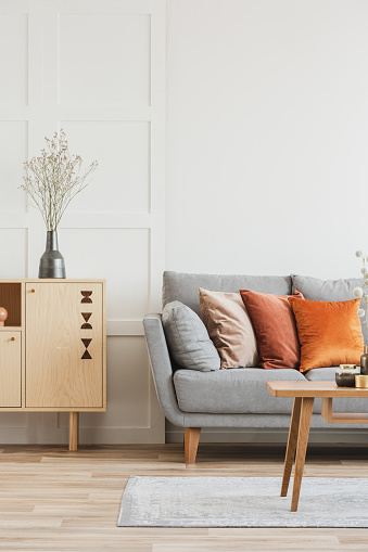 Muebles de madera y sofá escandinavo gris con almohadas en el interior de la hermosa sala de estar photo