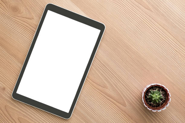 istock Digital Tablet with Cactus Plant on Table, top view 1180838111