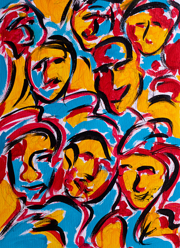 Original acrylic painting on canvas. Colorful abstract painting showing facial expressions.