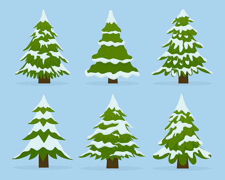 Set of firs in snow. Collection beautiful Christmas trees. Can be used for greeting card, invitation, banner, web design. Vector illustration.
