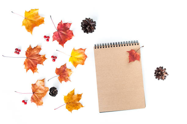 istock Autumn composition with empty craft notebook and autumn leaves on a white background, flat lay 1180839919