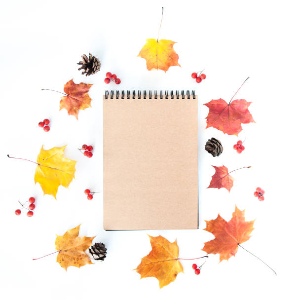 istock Autumn composition with empty craft notebook and autumn leaves on a white background, flat lay 1180839923