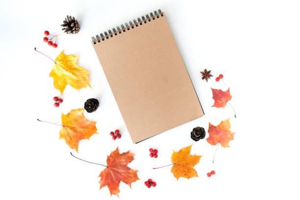 istock Autumn composition with empty craft notebook and autumn leaves on a white background, flat lay 1180839939