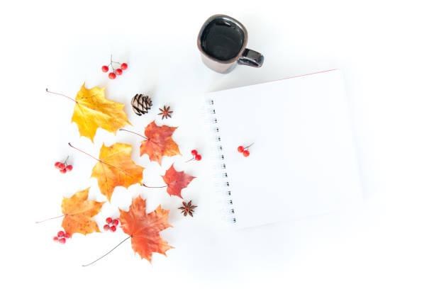 istock Autumn composition with empty notebook and autumn leaves on a white background, flat lay 1180839958