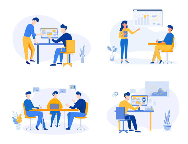 Business Team meeting, analysis, discussion concept, partnership, content strategy. Business concept of vector illustration Business Team meeting, analysis, discussion concept, partnership, content strategy. Business concept of vector illustration. flat design stock illustrations
