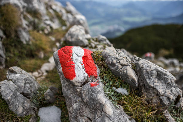 austrian flag as climbing sign in the alps - austrian flag imagens e fotografias de stock