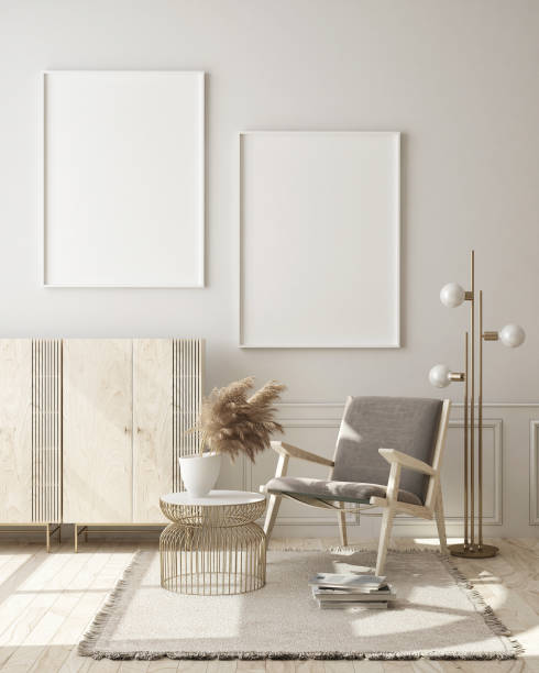 istock mock up poster frame in modern interior background, scandinavian style, 3D render 1180844644