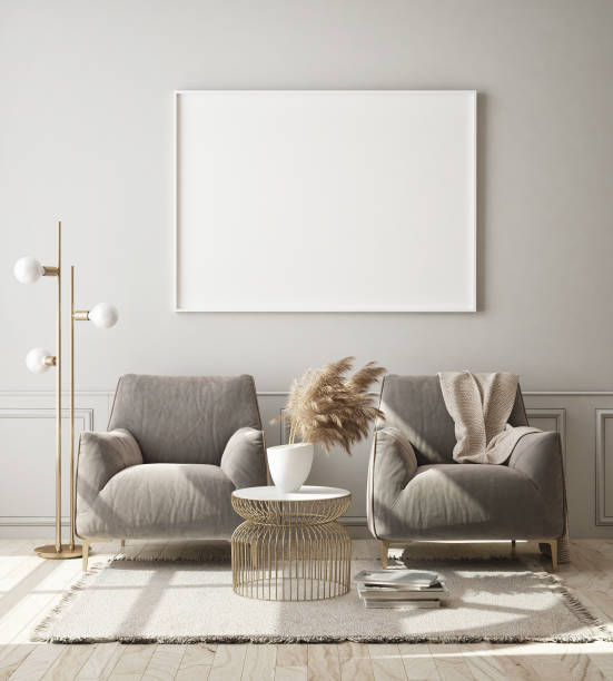 istock mock up poster frame in modern interior background, scandinavian style, 3D render 1180844646