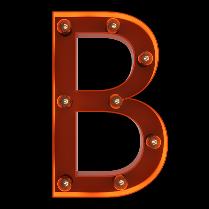 Letter B for sign with light bulbs. Front view illuminated capital symbol on black background. 3d illustration.