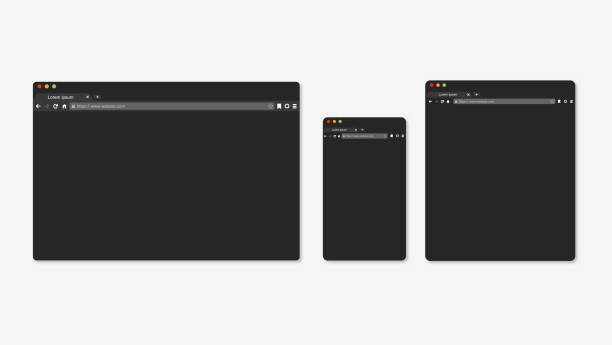 흰색 배경에 격리 된 현대 어두운 모드 브라우저 창 디자인. 노트북, 태블릿 및 전화에 대한 웹 창 화면 모형. - browser window stock illustrations