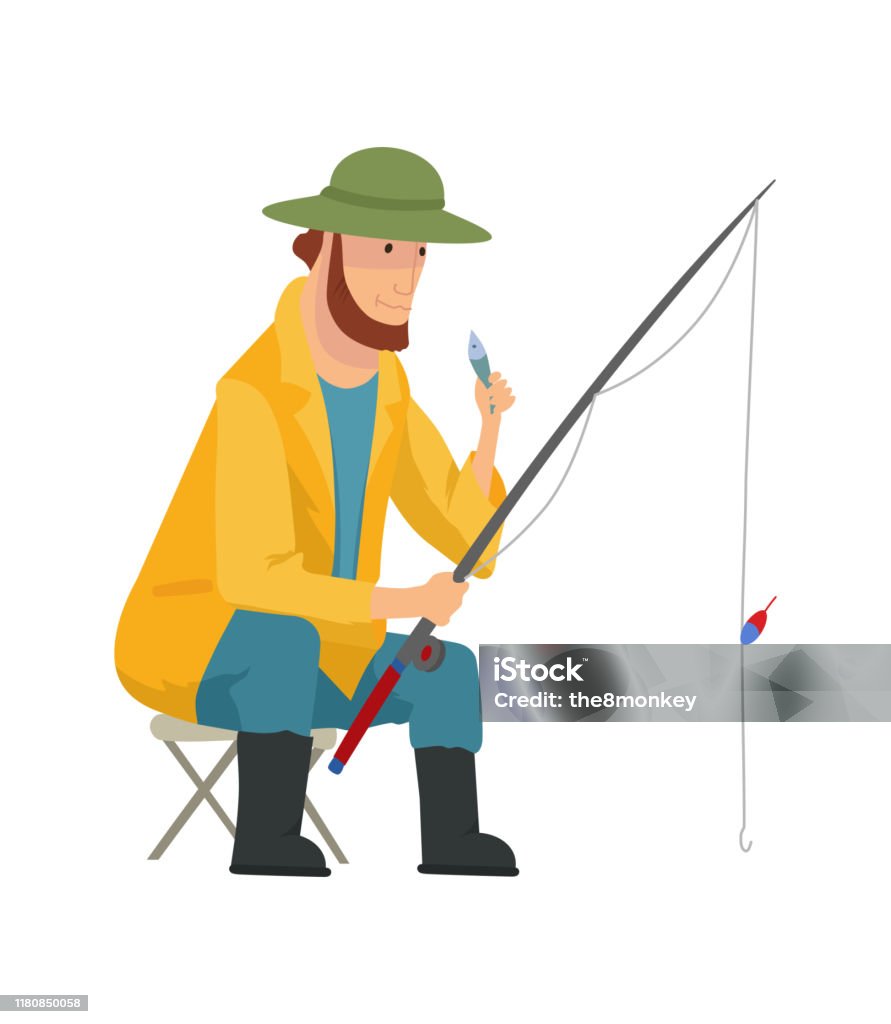Biểu Tượng Phẳng Ngư Dân Người Câu Cá Với Bộ Vector Cá Và Thiết Bị ...