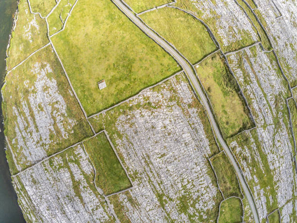 aerial view of farm fields in inisheer island - inisheer imagens e fotografias de stock