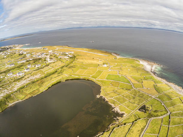 aerial view of lake and farm fields in inisheer island - inisheer imagens e fotografias de stock