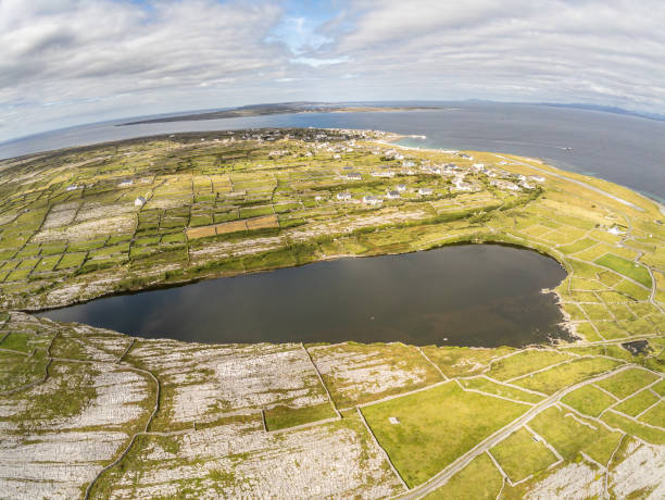 aerial view of lake and farm fields in inisheer island - inisheer imagens e fotografias de stock