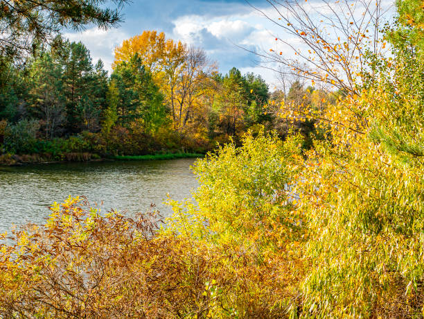 istock Autumn river landscape against a cloudy sky. 1180855189