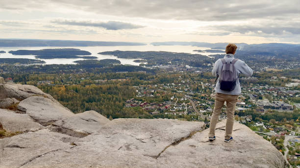 Man enjoy panoramic view to Oslo Fjord from Kolsåstoppen mountain in early autumn. Kolsåstoppen is a popular hiking area well-known for its spectacular panoramic views of Oslo, Bærum, and the Oslo Fjord. norway autumn oslo tree stock pictures, royalty-free photos & images