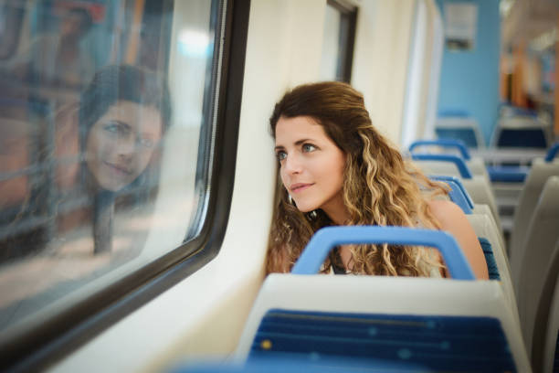 istock Young woman traveling by train 1180858347