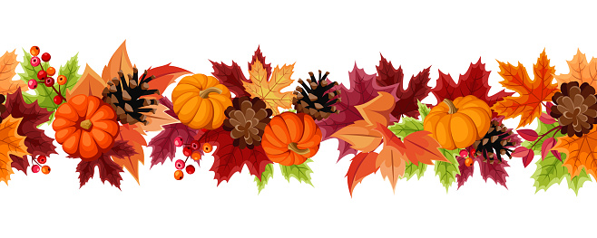 Vector horizontal seamless background with orange pumpkins, pinecones and colorful autumn leaves.