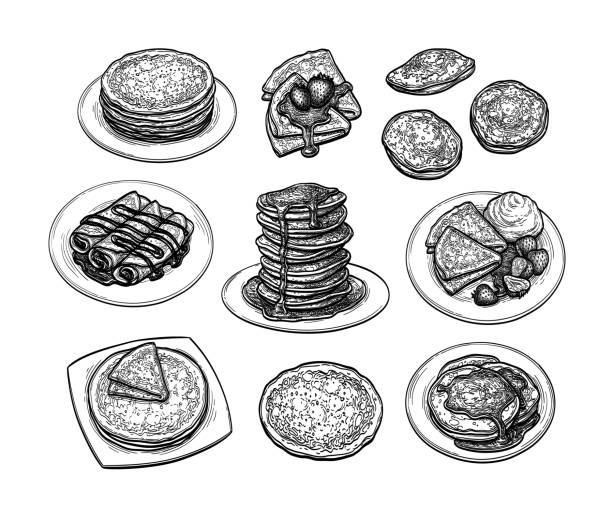 ink sketch set of crepes Pancakes and French crepes or Russian blinis with strawberries and syrup. Ink sketch collection. Isolated on white background. Hand drawn vector illustration. Retro style. crêpe pancake stock illustrations
