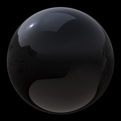 3d illustration of black sphere bubble oil drop close-up. Circle ball simple geometric round shape. Isolated on black