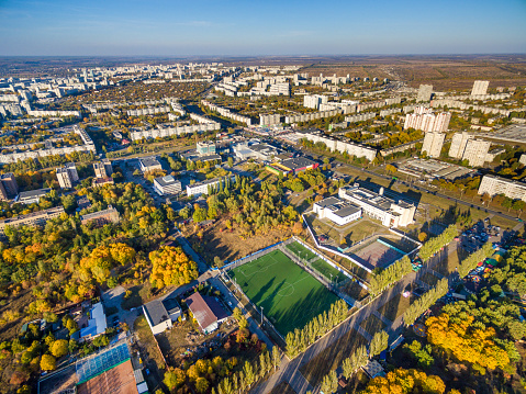 Aerial view to residential area Saltivka and Pobedy park in Kharkiv, Ukraine