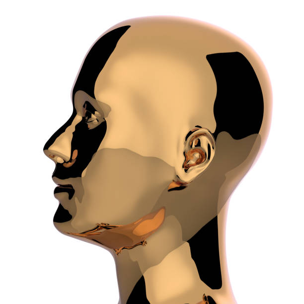 istock 3d illustration of iron man head silhouette stylized metallic polished 1180876753