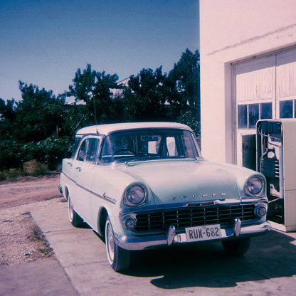 Australia - August 07, 2019: A Scan of an Old Transparency of an Holden EK Station Wagon. The Transparency depicts the style, shape and colors of this old Australian family car.