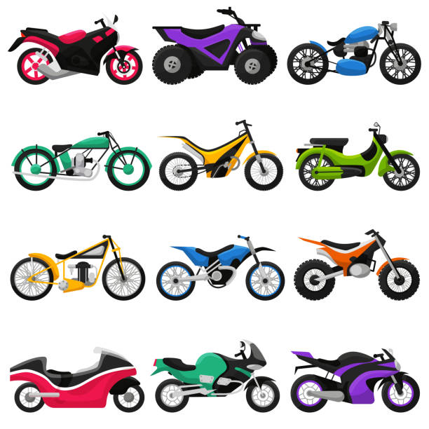 ilustraciones, imágenes clip art, dibujos animados e iconos de stock de motocicleta vectorial y moto de motor de transporte ch - motoring