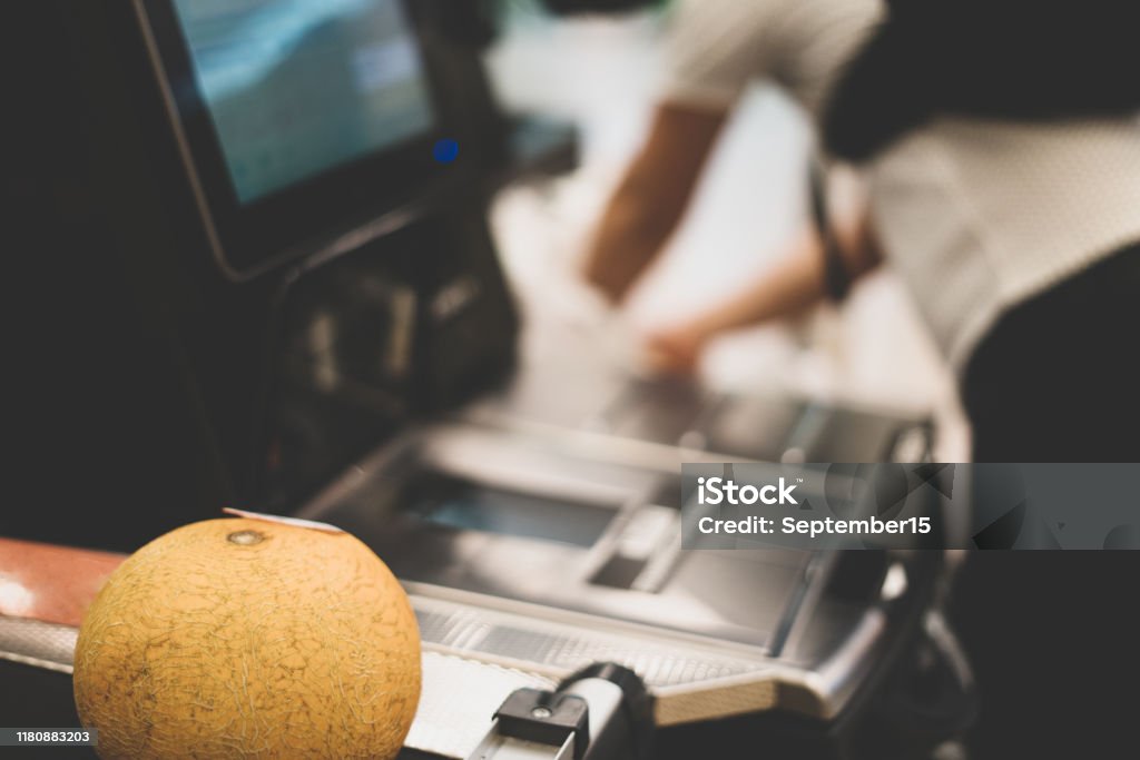 Self-checkout counter in a supermarket. Modern technology in trade. Electronic cashier. Self-checkout counter in a supermarket. Modern technology in trade. Electronic cashier Self Checkout Stock Photo