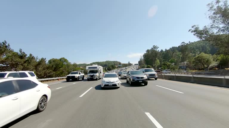4 synced driving process plates (search roman numerals for all four sides), front, rear, right and left side for green screen, chroma key and studio projection filming.
Rear, front, side projection (also known as process photography) is part of many in-camera effects cinematic techniques in film production for combining foreground performances with pre-filmed backgrounds. It was widely used for many years in driving scenes, or to show other forms of "distant" background motion.
Location: San Francisco, California