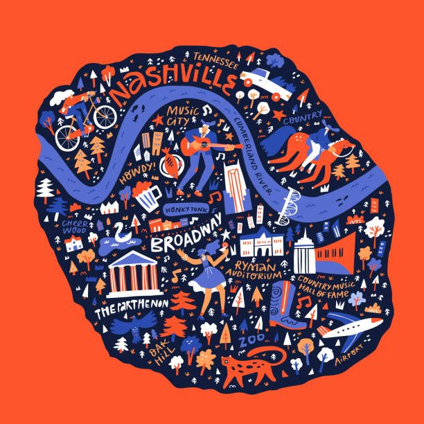 nashville kulturelle karte von hand gezeichnet vektor-illustration. us-reise-doodle-karte isoliert auf rotem hintergrund. nashville traditionelle symbole und wahrzeichen cartoon-zeichnungen. amerikanische tourismus plakatgestaltung - famous place new york city new york state manhattan stock-grafiken, -clipart, -cartoons und -symbole