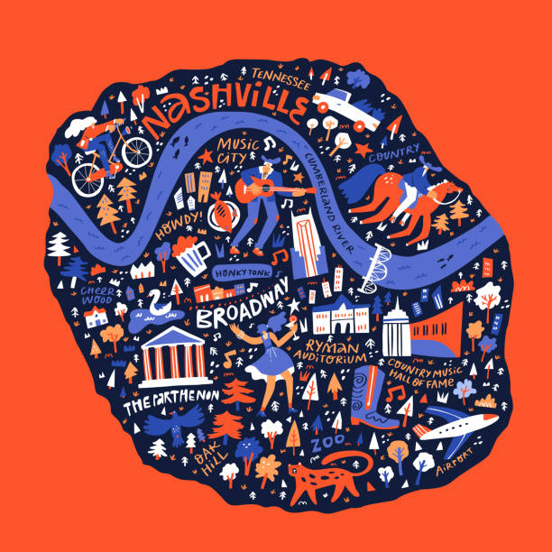 Nashville cultural map hand drawn vector illustration. US journey doodle map isolated on red background. Nashville traditional symbols and landmarks cartoon drawings. American tourism poster design Nashville cultural map hand drawn vector illustration. US journey doodle map isolated on red background. Nashville traditional symbols and landmarks cartoon drawings. American tourism poster design nashville stock illustrations