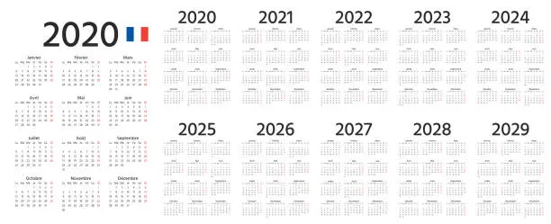 Vector illustration of 2020, 2021, 2022 French Calendar. Vector illustration. Template year planner.