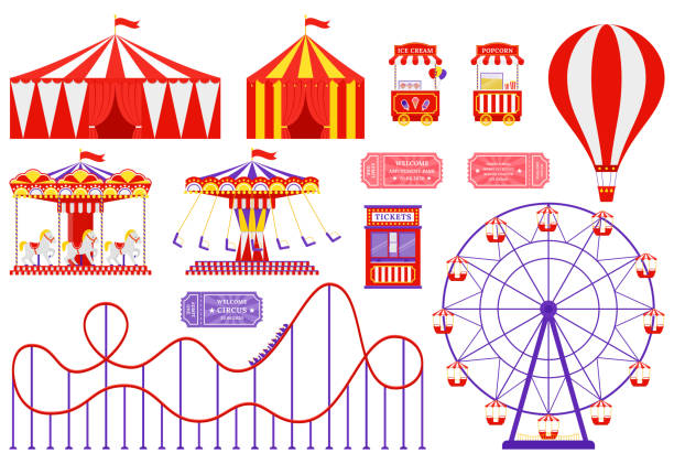 цирк, парк развлечений, карнавальная ярмарка набор. векторная иллюстрация. плоский дизайн. - carnival park clip art wheel stock illustrations