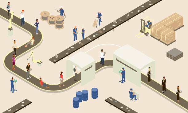 Student Assembly Line illustration Students (high school, university, or massive online open course/MOOC) are seen on an assembly line, ultimately progressing to graduates. On ancillary belts, learning materials are delivered in the form of electronics, books, and papers. Surrounding these, a detailed factory floor with industrial spools, barrels, palettes, and a forklift surround factory workers, industrial robotic arms, and conveyor belts. conveyor belt stock illustrations